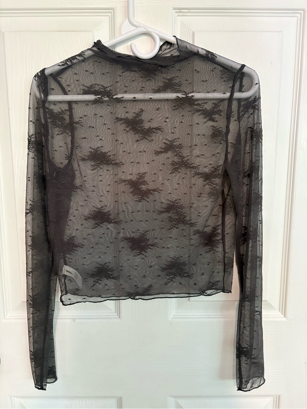 aerie Black Sheer Lace Dot & Floral Long-Sleeve Crop Top